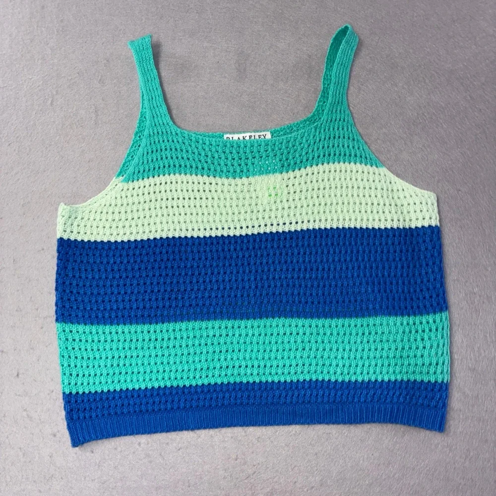341 Blakeley Crochet Knit 2pc Set L/XL Blue Teal Striped Tank Maxi Skirt